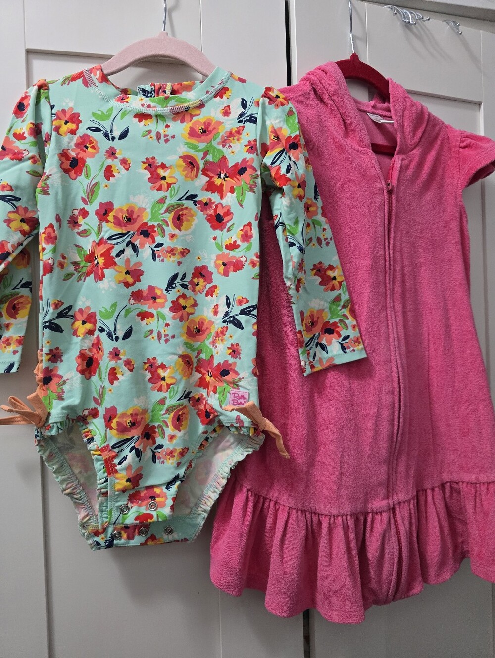 RuffleButts Painted Flowers-3T one piece rash guard swimsuit and 4T coverup